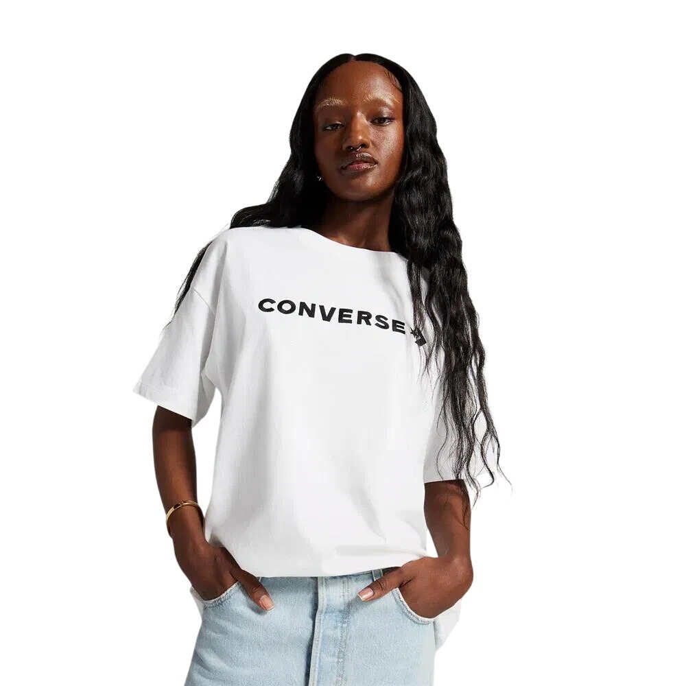 Converse Wordmark T-Shirt White Star Chevron Oversized Relaxed Casual Small